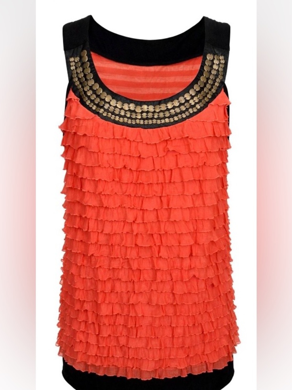 J.T.B. Coral chiffon tiered ruffles,black jersey bottom band, & triple row studs